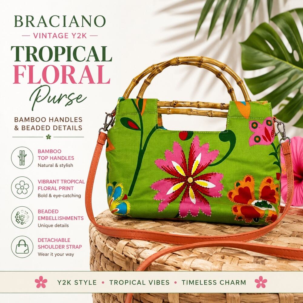 Vintage Y2K Braciano Purse Bag Tropical Floral Beaded Bamboo Handles Green Pink